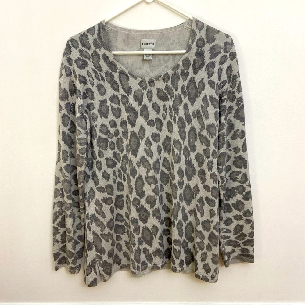 Chicos Women's Sweater Sz 3 (XL/16)‎ Animal Print Gray Silver Metallic